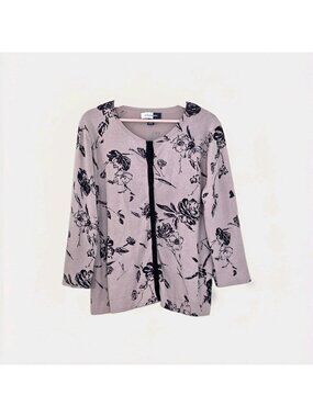 Jones Wear Studio Silk Blend Knit Cardigan Women XL Beige Black Snap Floral Edgy